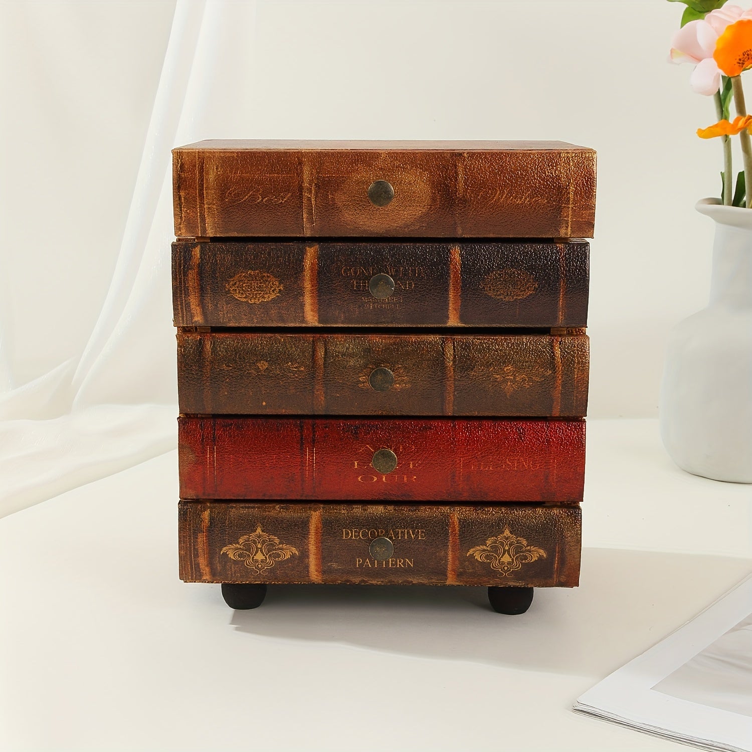 Holz-Schmuckbox Librovana | 5 Schubladen im Buch-Design | Vintage-Stil | Organizer für Schmuck & Sammlerstücke