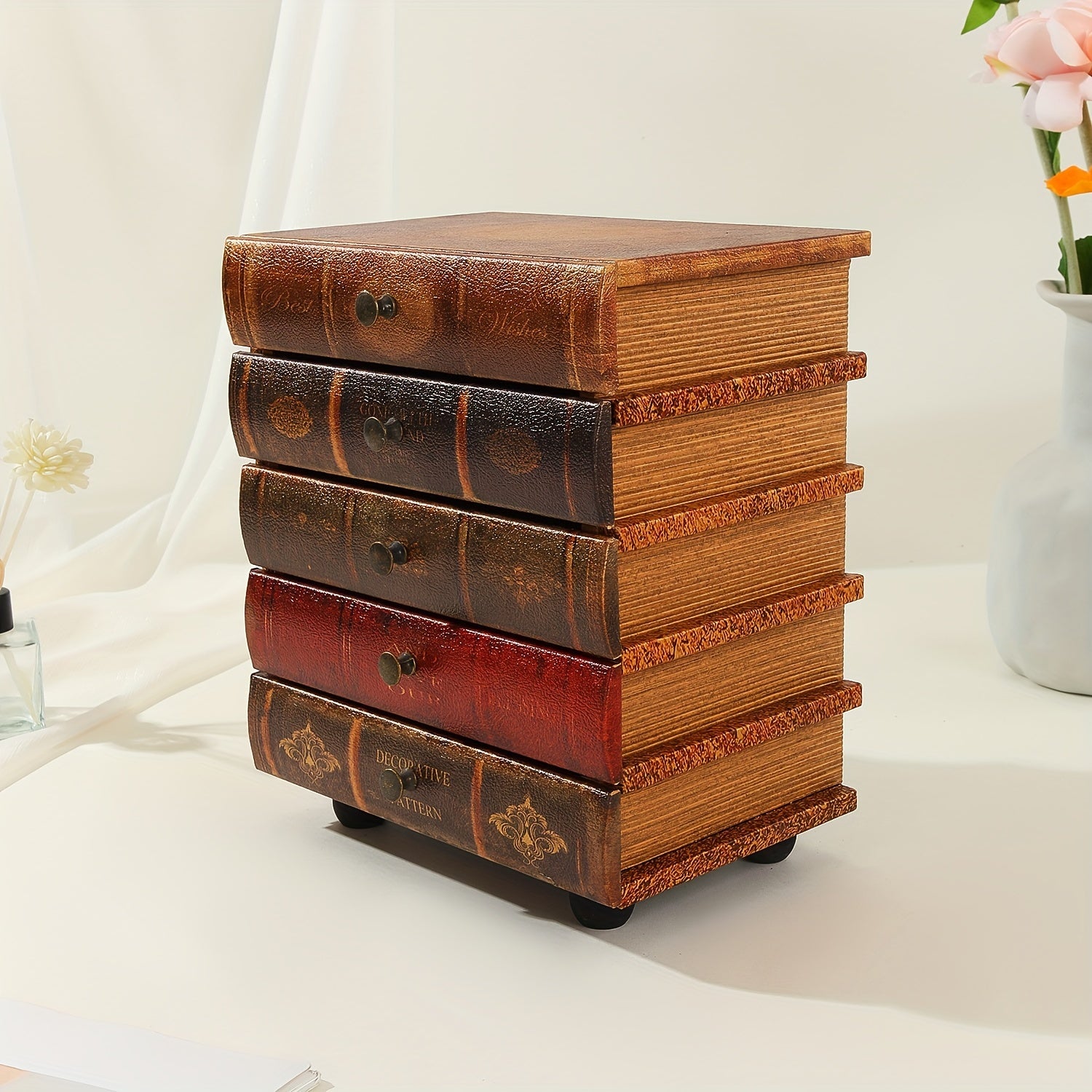 Holz-Schmuckbox Librovana | 5 Schubladen im Buch-Design | Vintage-Stil | Organizer für Schmuck & Sammlerstücke
