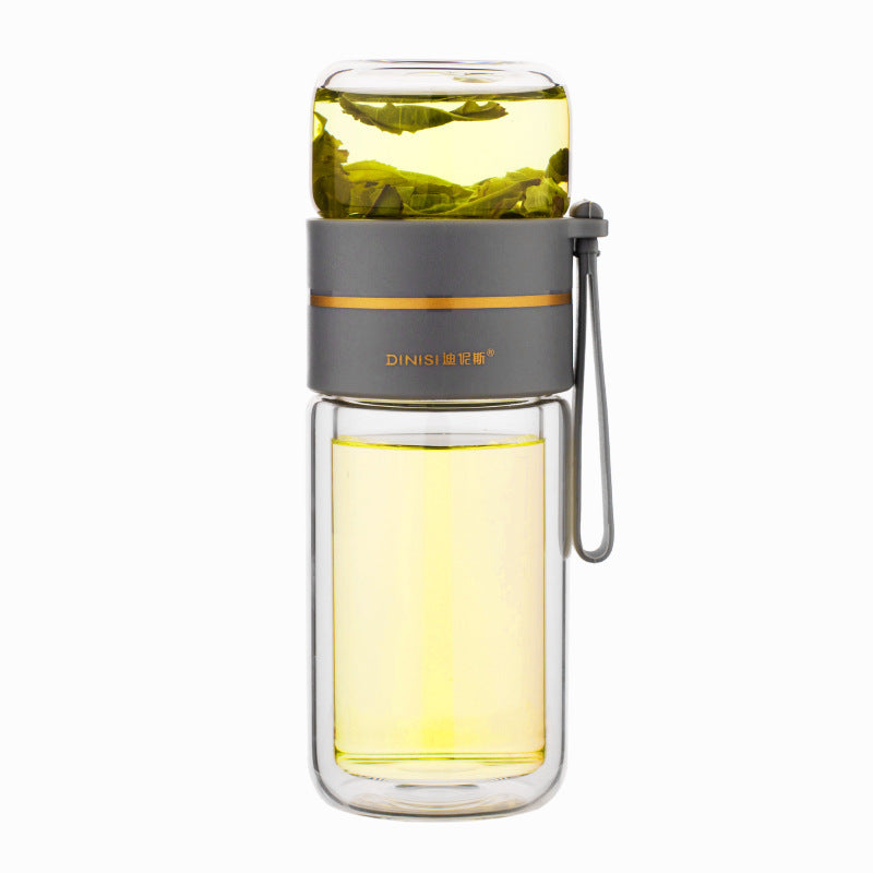 ThermoLeaf Doppelwandige Teeflasche aus Glas | 400–450 ml | Mit Edelstahl-Sieb & Trageschlaufe | Auslaufsicher & Hitzebeständig