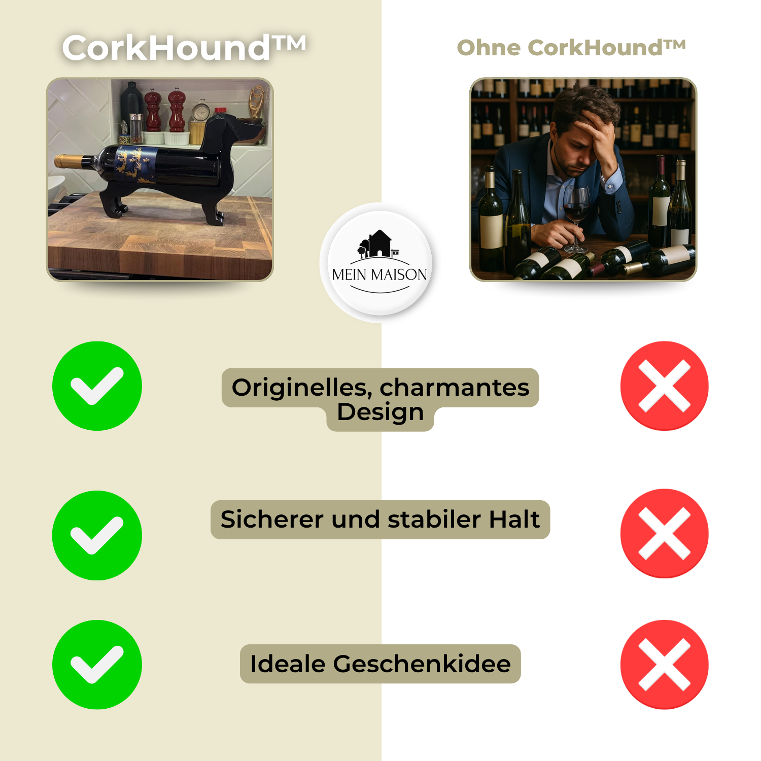 Weinflaschenhalter Dackel CorkHound | Originelles Design | Stabil & Dekorativ | Für 375–500 ml