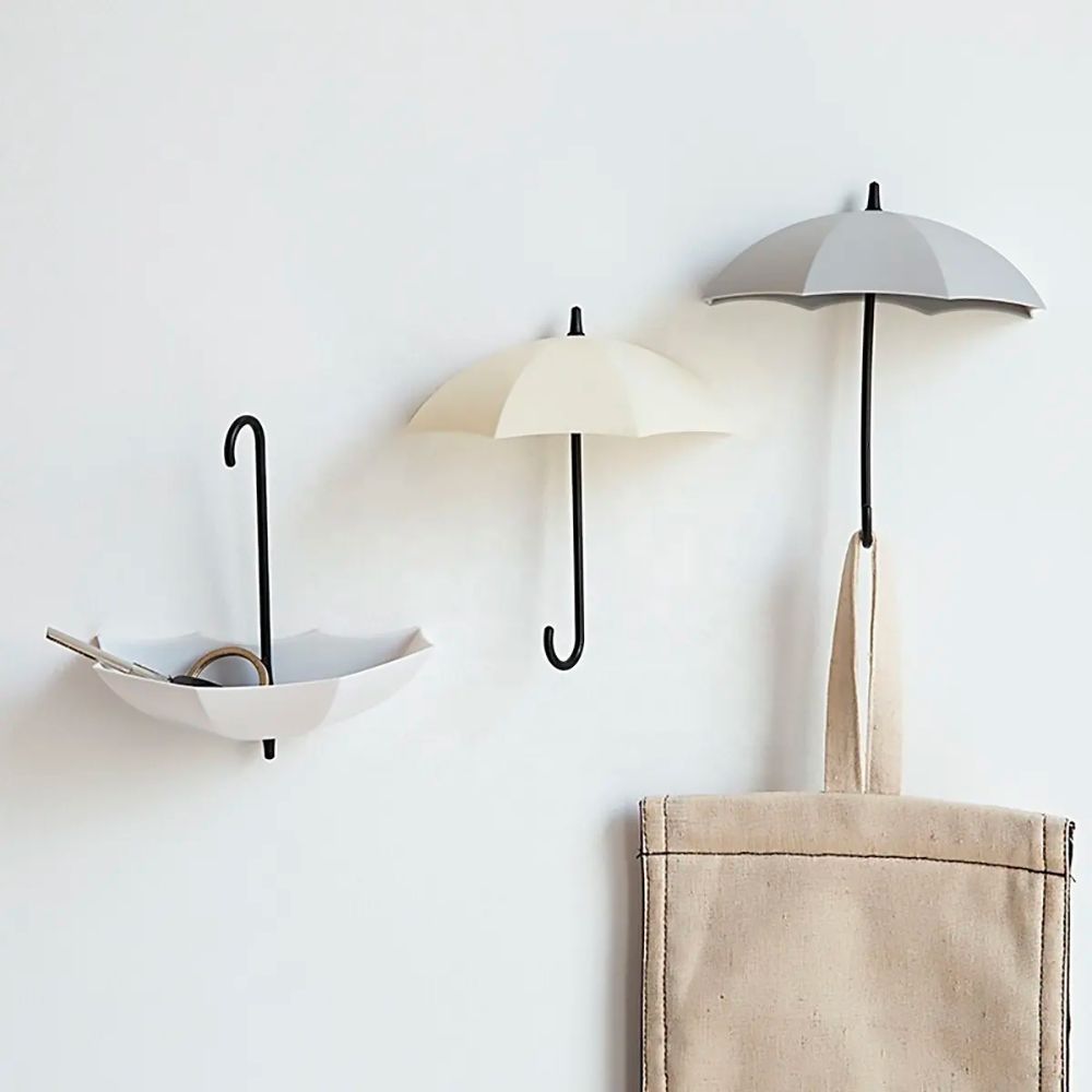 Wandhaken Umbrello | Regenschirm-Design | Selbstklebend & Bohrfrei | 3er-Set Pastell/Neutral