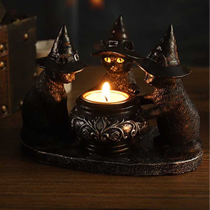MystiCats | Teelichthalter mit 3 Hexenkatzen | Magisches Design | Halloween-Deko