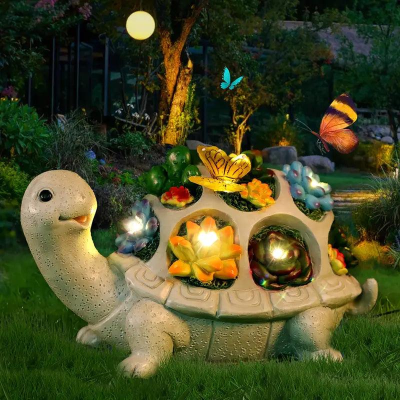 Solaro Turtle Garden | Solar-Schildkrötenstatue mit LED & Sukkulenten | Für Garten, Terrasse & Balkon