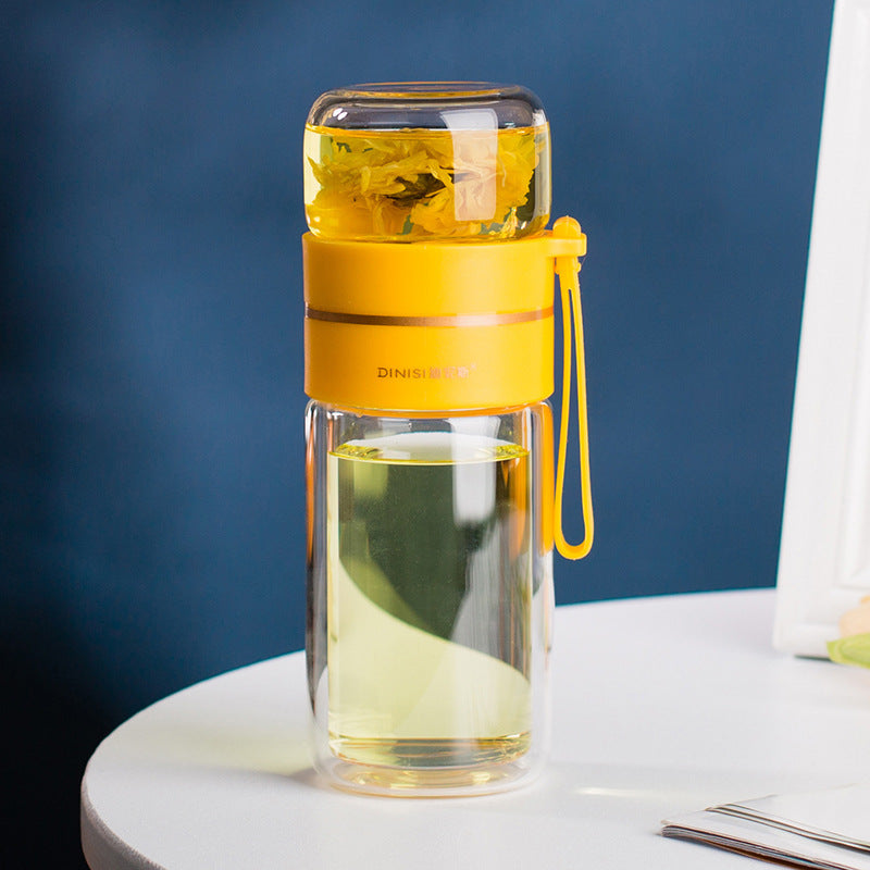 ThermoLeaf Doppelwandige Teeflasche aus Glas | 400–450 ml | Mit Edelstahl-Sieb & Trageschlaufe | Auslaufsicher & Hitzebeständig