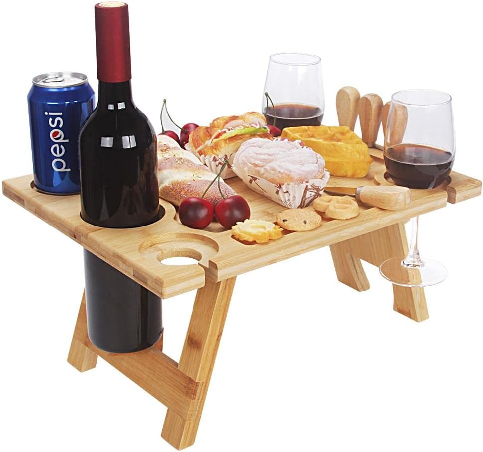Tragbarer Weintisch Vinlora FoldWood | Faltbar & Mobil | Aus Holz | Mit Flaschen- & Glashalter | Für Picknick, Garten & Camping