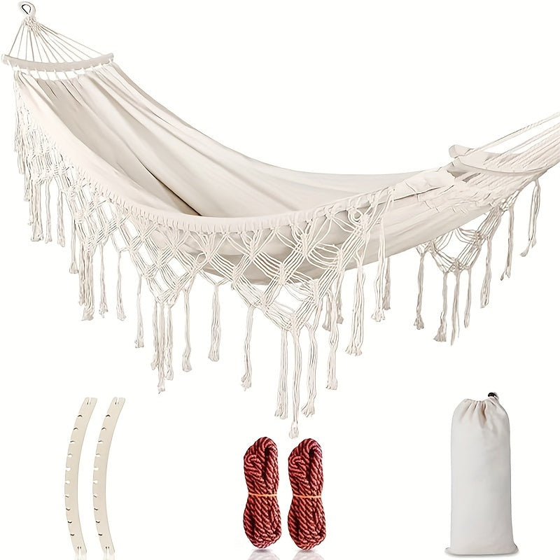 Boho-Hängematte Lunaria Breeze | Mit Pompons & Streifen | Baumwolle | Für 2 Personen | 43–54 kg Tragkraft