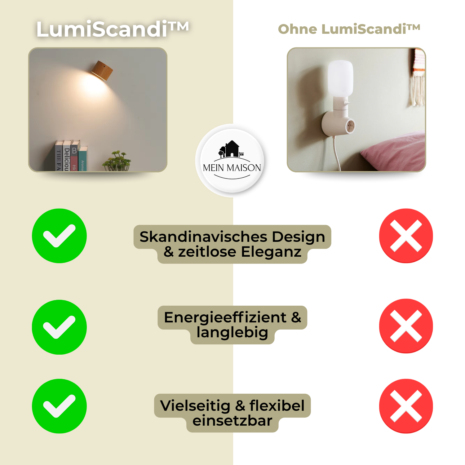 Wandleuchte LumiScandi | Kabellos & Wiederaufladbar | Skandinavisches Design | Holz Eiche