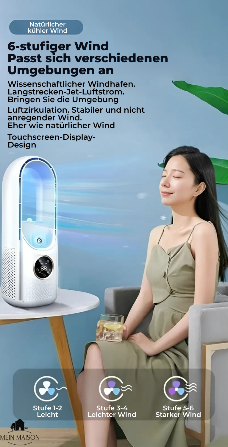 Airevo Luftkühler | Bladeless USB-Ventilator | 6 Stufen | Leise & Mit Timer | Luftbefeuchtung