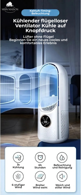 Airevo Luftkühler | Bladeless USB-Ventilator | 6 Stufen | Leise & Mit Timer | Luftbefeuchtung