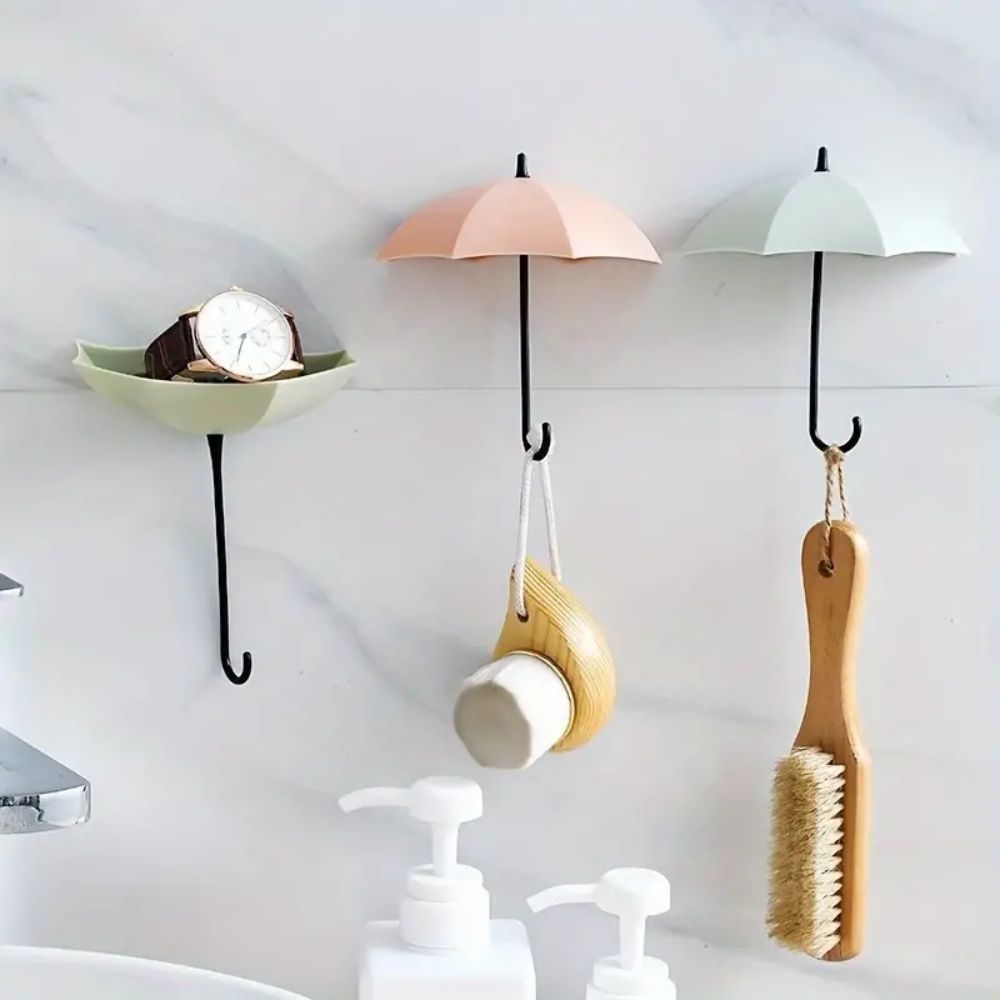 Wandhaken Umbrello | Regenschirm-Design | Selbstklebend & Bohrfrei | 3er-Set Pastell/Neutral