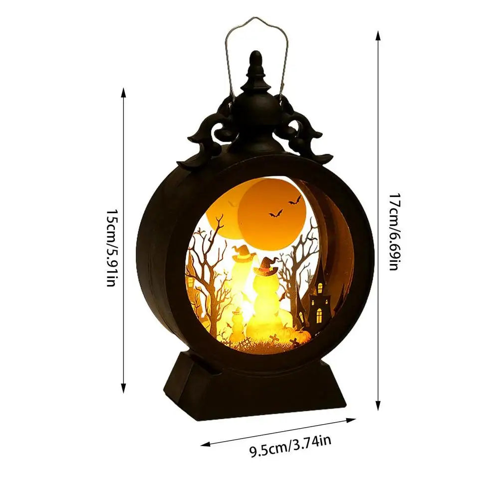 Hexenlicht | LED Halloween Laterne | Gotisches Schloss mit Kürbis & Hexe | Warmweißes Stimmungslicht