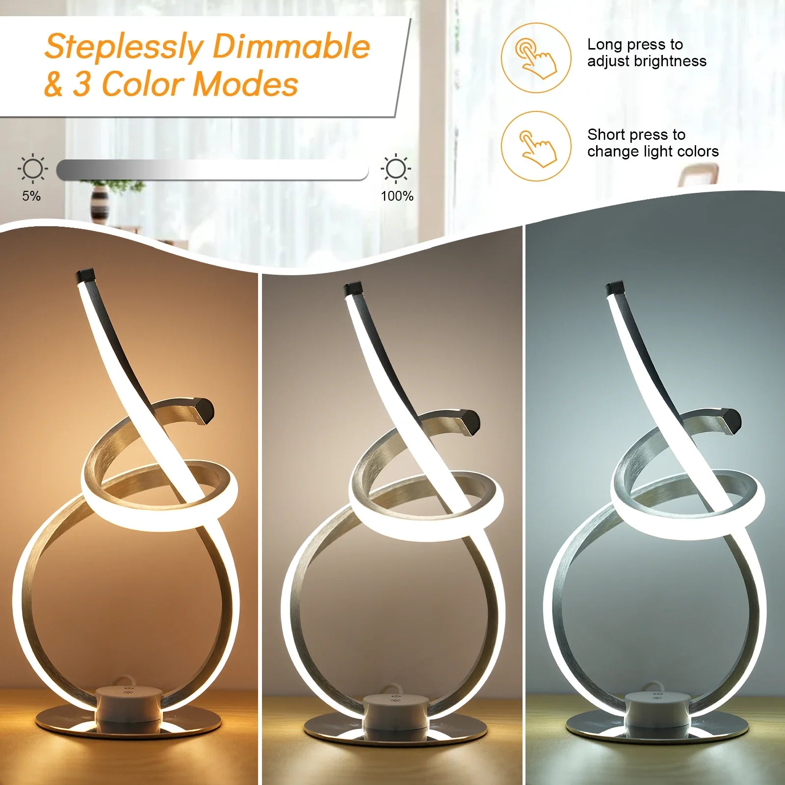SpiraLume | LED Tischlampe Spiralform | 3 Lichtfarben & Dimmbar | Moderne Nacht- & Ambientelampe 33,5 cm