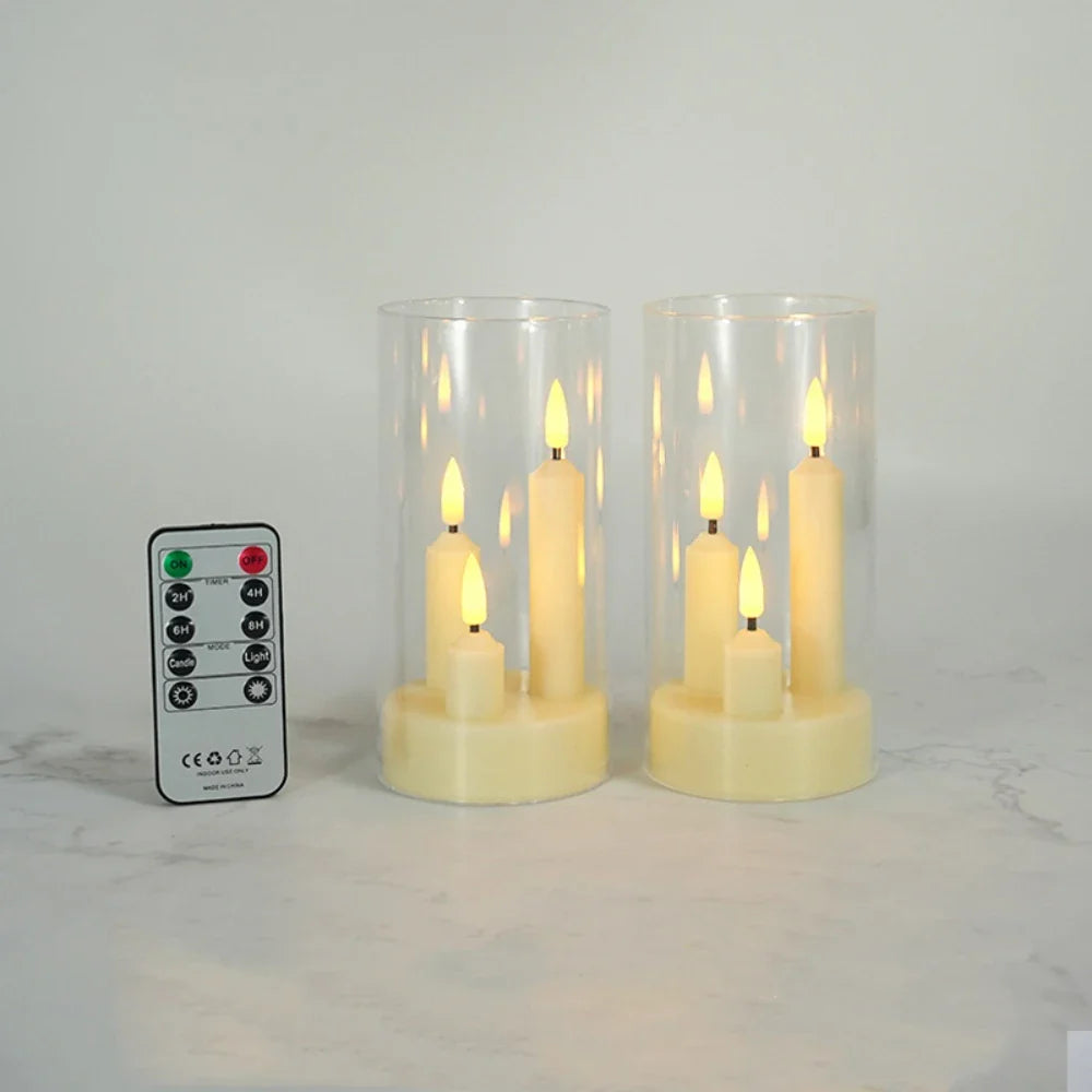 LumièreTrio LED-Stumpenkerze mit 3 Dochten | 7,5 × 15 cm | Fernbedienung & Timer | Flackerndes Warmlicht | Acryl-Design