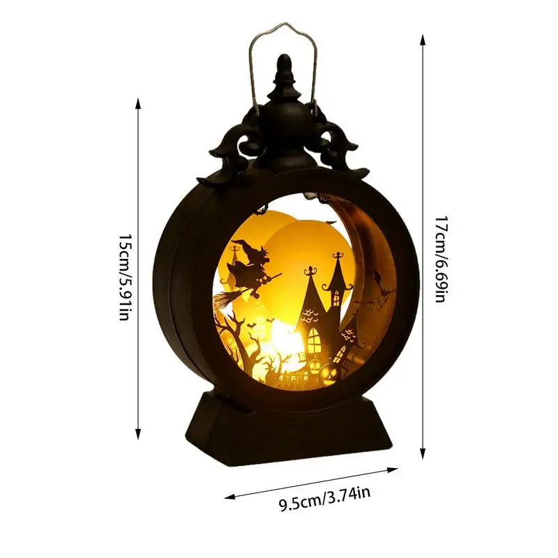 Hexenlicht | LED Halloween Laterne | Gotisches Schloss mit Kürbis & Hexe | Warmweißes Stimmungslicht