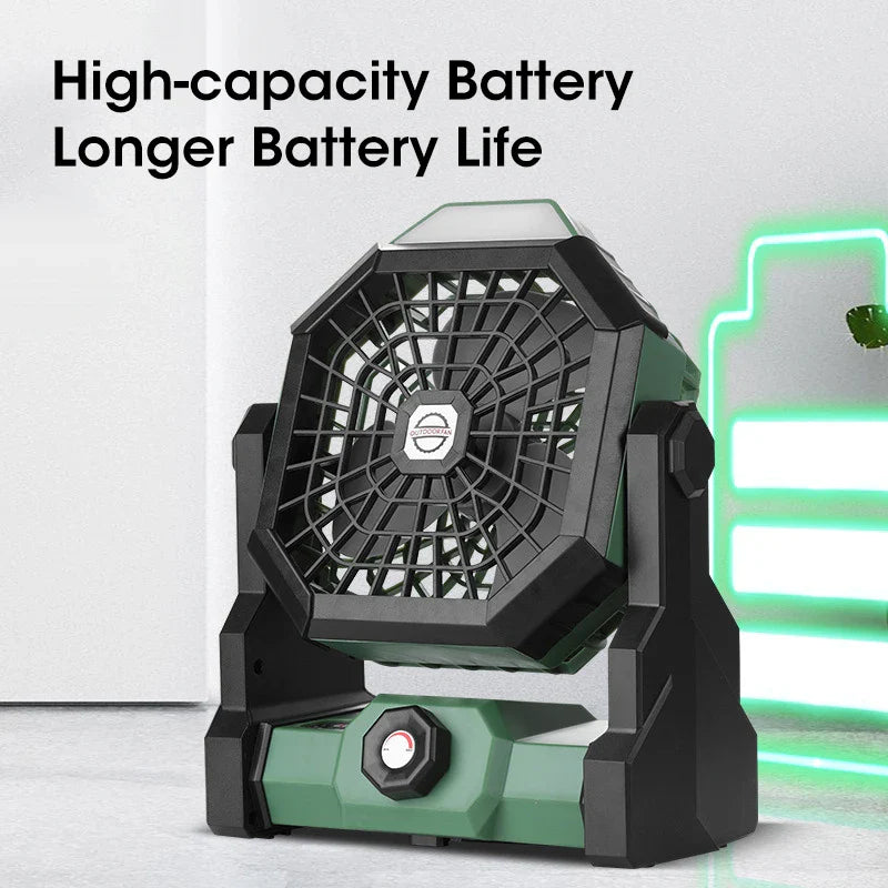Campora BreezeLight | 2-in-1 Camping-Ventilator mit LED-Laterne | 7800 mAh Akku | 270° drehbar | USB wiederaufladbar | Für Zelt, Outdoor & Reisen