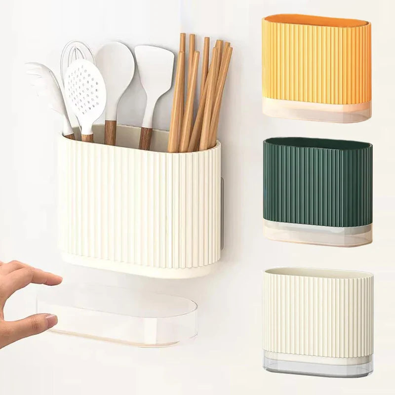 Ordina Wandhalter Besteckhalter Küche | Ohne Bohren | Löffel- & Essstäbchenbox mit Ablauf | Platzsparender Organizer aus Kunststoff