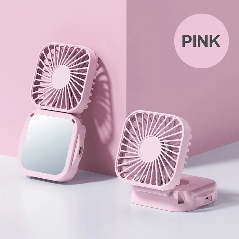Faltbarer Mini-Nackenventilator Coolique MirrorFan | USB Wiederaufladbar | Mit Kosmetikspiegel | 3-Stufen | Leise & Tragbar
