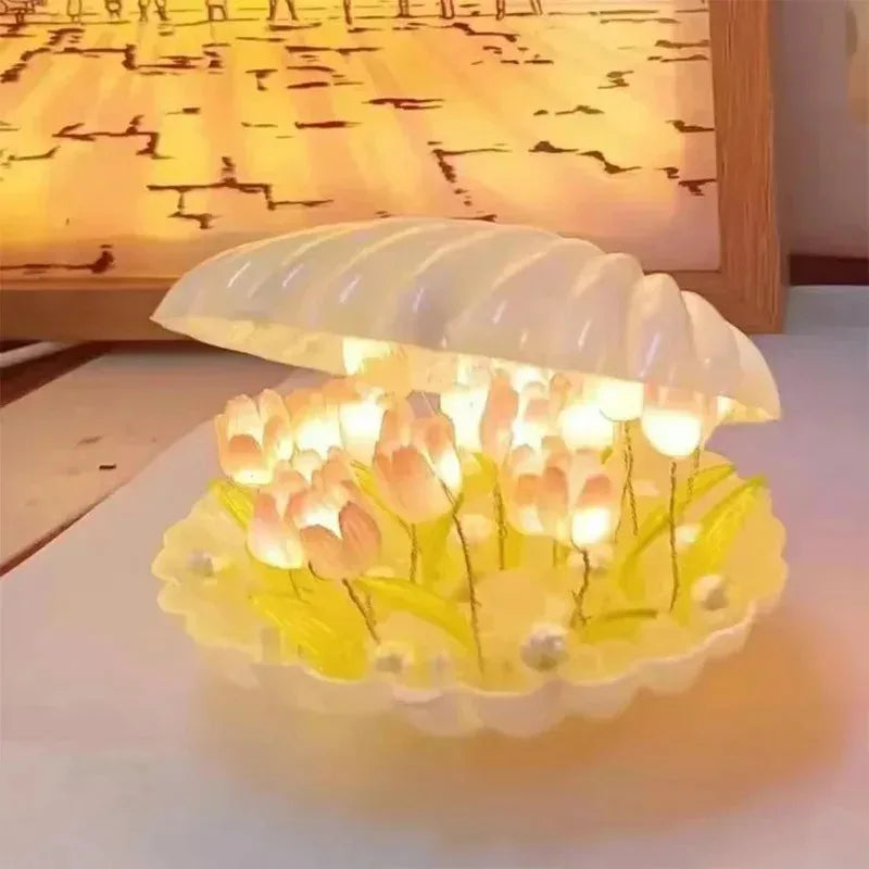 Muschel Nachtlicht Florora | DIY Tulpen-Dekoration | Warmes Ambientelicht | Rosa & Blau
