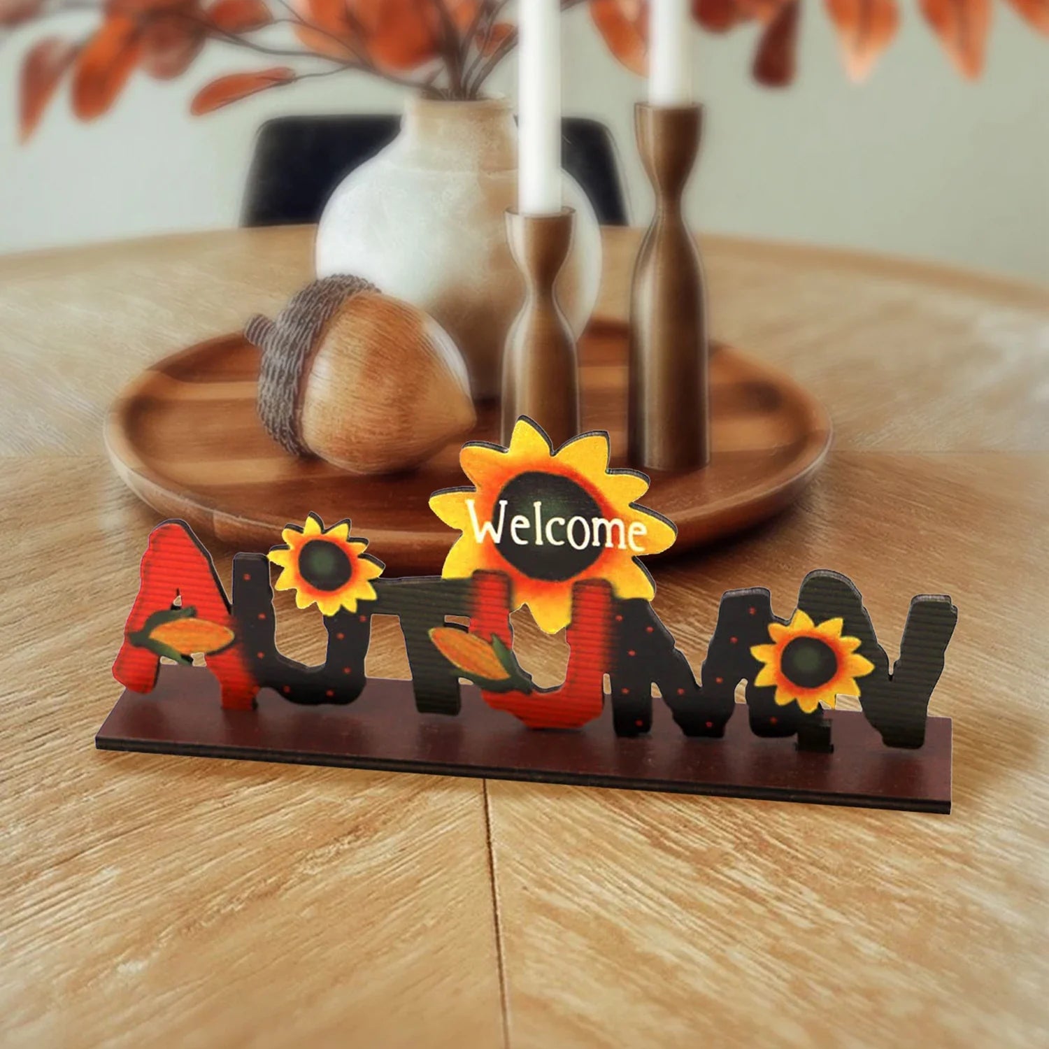 Holzdeko AutumnCharm | Stehendes Erntedank-Dekoelement | Herbstliche Wohn- & Tischdekoration
