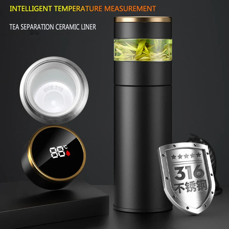 ThermoBrew | Isolierflasche mit LED-Temperaturanzeige & Teesieb | 450 ml | Edelstahl 304 | Schwarz