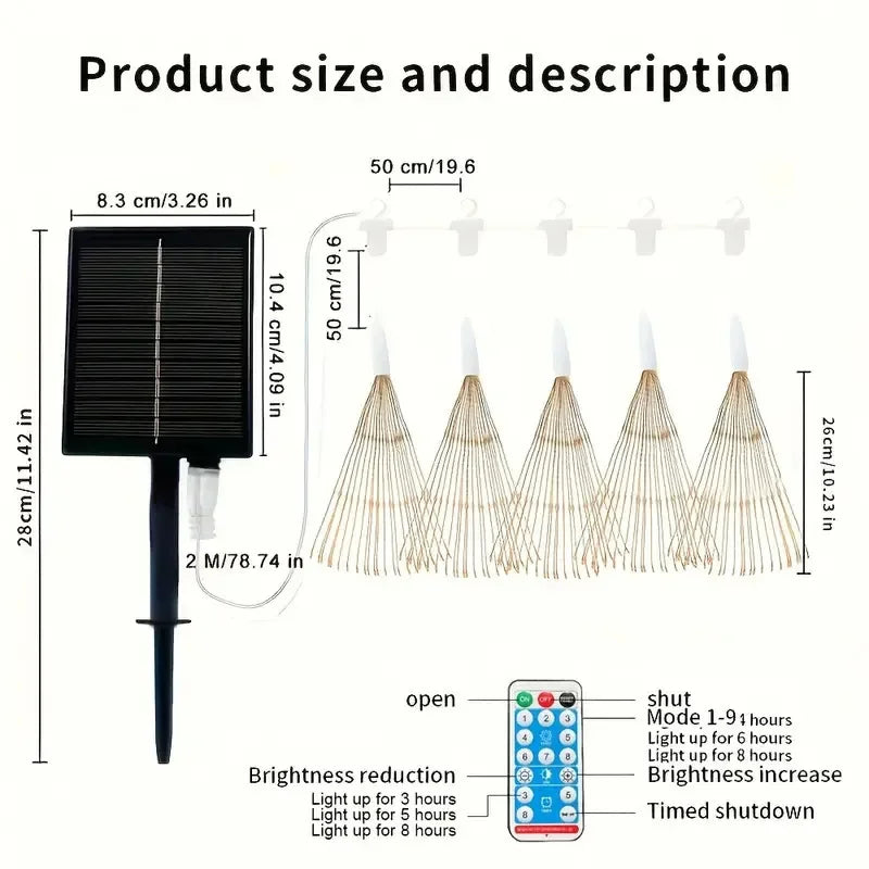 Lunaris Solar Feuerwerk Lichterkette | 5×90 LEDs | 8 Modi & Fernbedienung | IP65 Wasserdicht | Garten, Terrasse & Weihnachten
