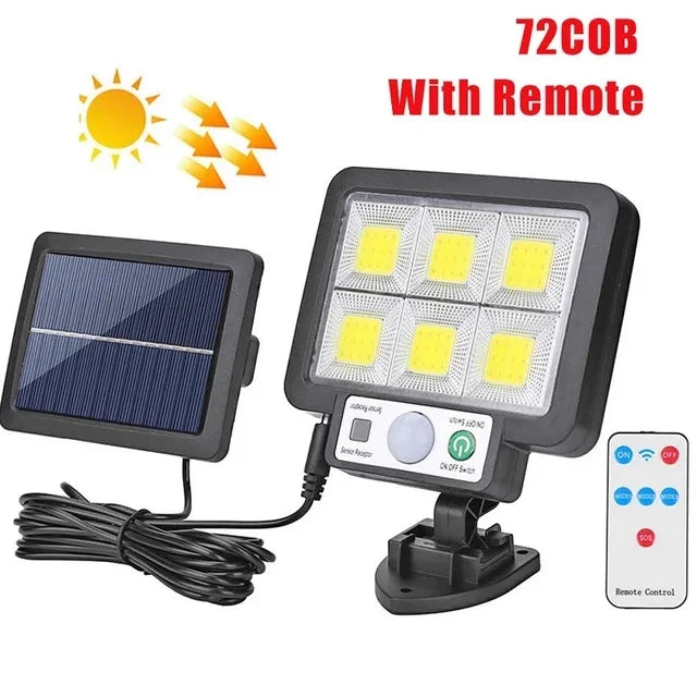 LumoVolt Solarlicht mit Bewegungsmelder | 72 COB LEDs | Fernbedienung & 5 m Solarpanel-Kabel | 3 Modi | IP65 Wetterfest