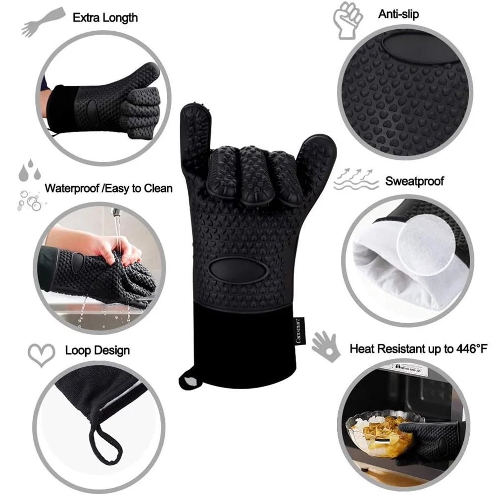 Griptermo Silikon Grillhandschuhe | Hitzebeständig bis 260 °C | Rutschfest & Wasserdicht | Mit Baumwollfutter