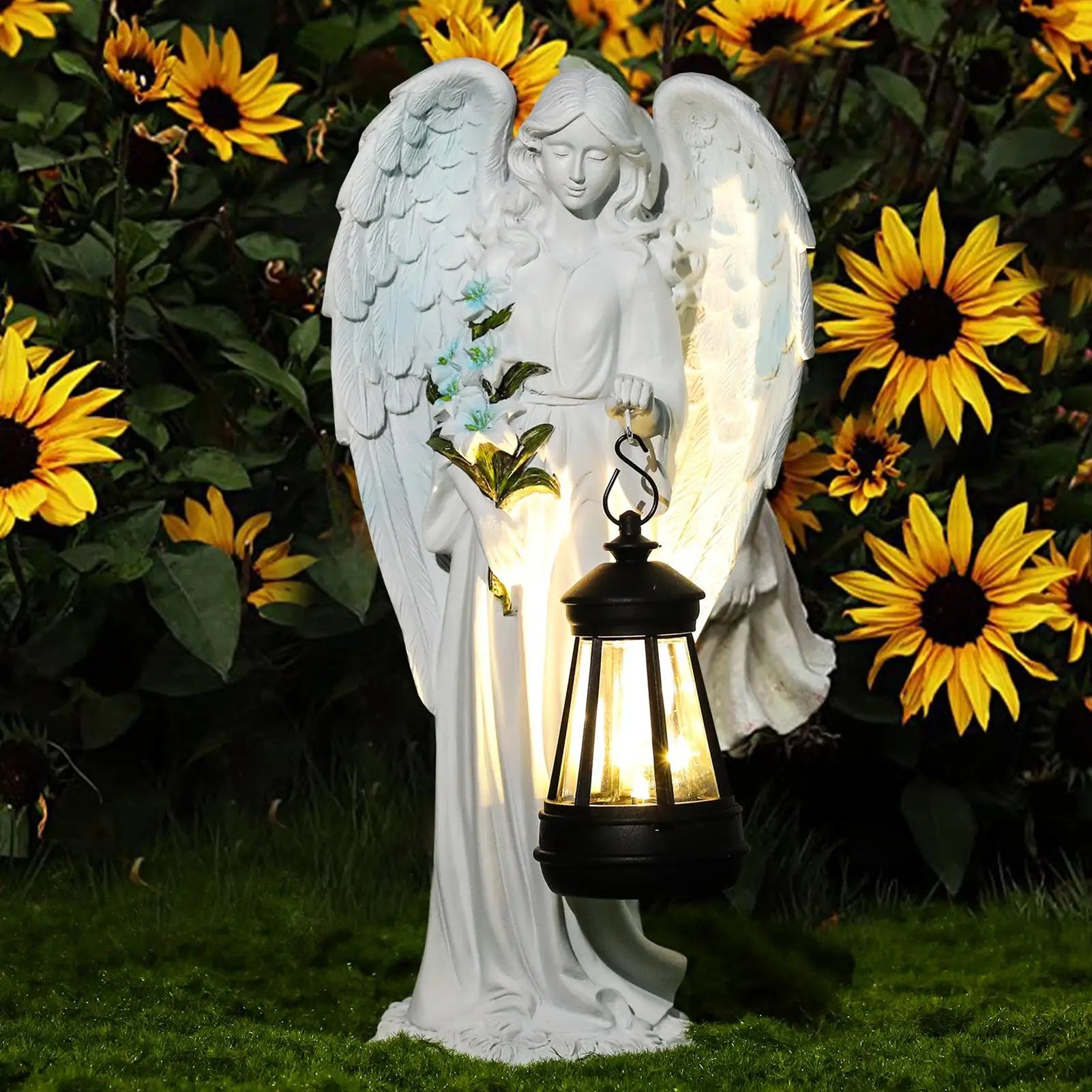 Auralis | Solar-Engel Figur | Wetterfest & leuchtend | 20 × 10 × 8 cm | Harz-Skulptur für Garten, Terrasse & Grabdekoration