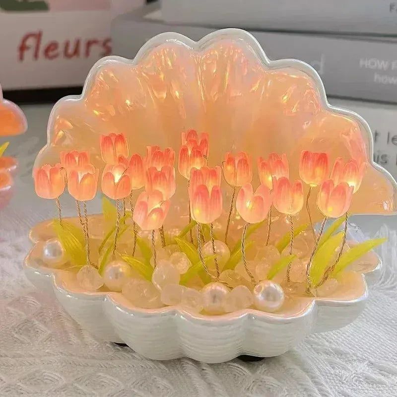 Muschel Nachtlicht Florora | DIY Tulpen-Dekoration | Warmes Ambientelicht | Rosa & Blau