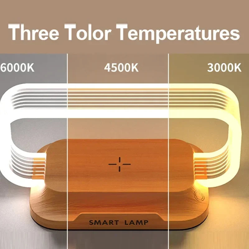 LumiCharge Touch | LED Tischlampe mit Wireless Charger | Dimmbar & Touch-Bedienung | Qi-Schnellladefunktion | Holzoptik