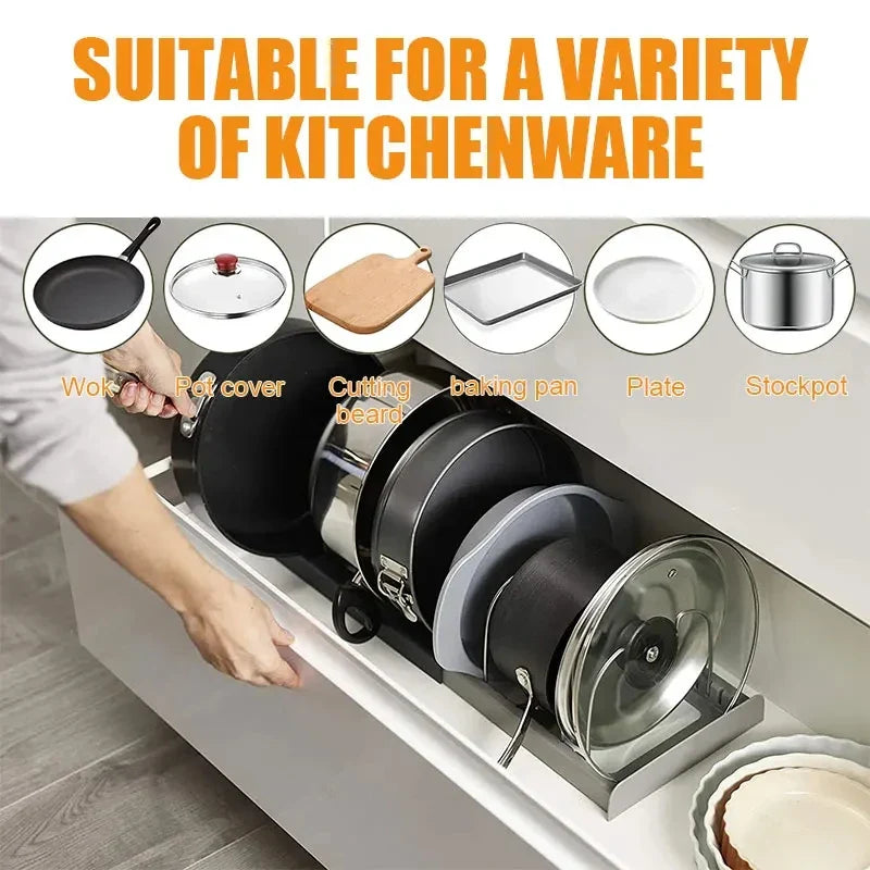 Kitchvara Topfdeckelhalter | Ausziehbares Regal mit 7 Trennwänden | Edelstahl & Kunststoff | Für Schrank & Arbeitsfläche