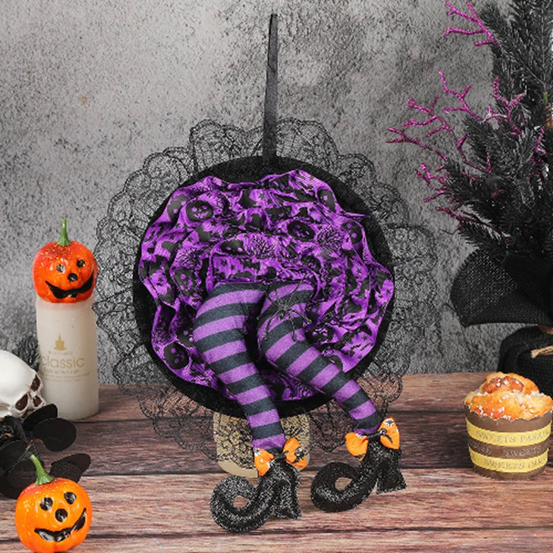 HexaDoor | Halloween Türkranz | Hexenhut & Beine | Lila-Orange | Partydeko