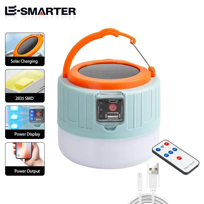 LUMOVIA Solar LED Campinglampe | Wiederaufladbar per USB & Solar | 3 Leuchtmodi | Mit Fernbedienung & Akkuanzeige | Für Outdoor & Notfälle