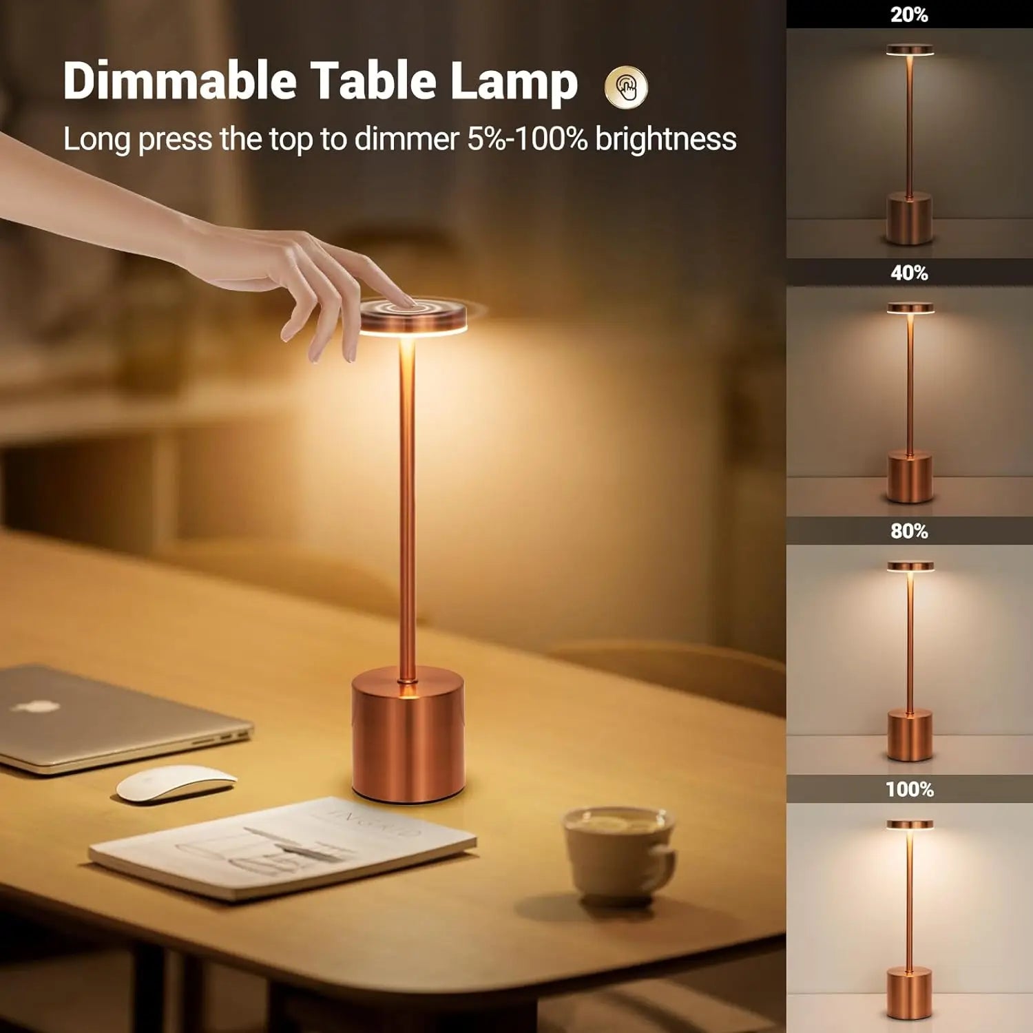 LumoTouch™ LED Tischlampe | Kabellos & Wiederaufladbar | Touchsensor | 3-stufig dimmbar | Modernes Aluminiumdesign