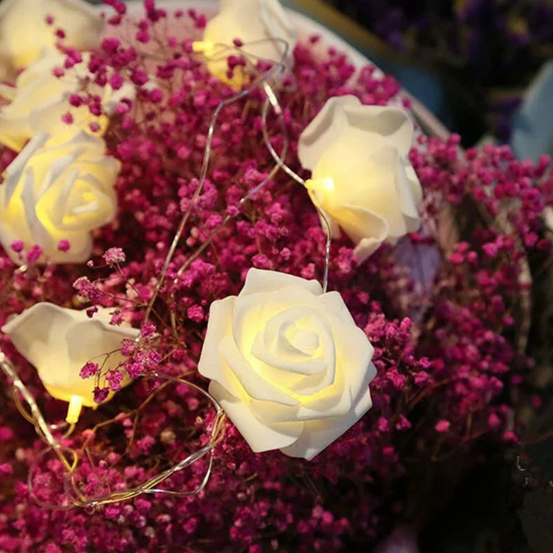 Floravera | LED Rosenlichterkette | 10/20 Warmweiße Rosenblüten | Batteriebetrieben | Romantische Deko für Hochzeit & Zuhause