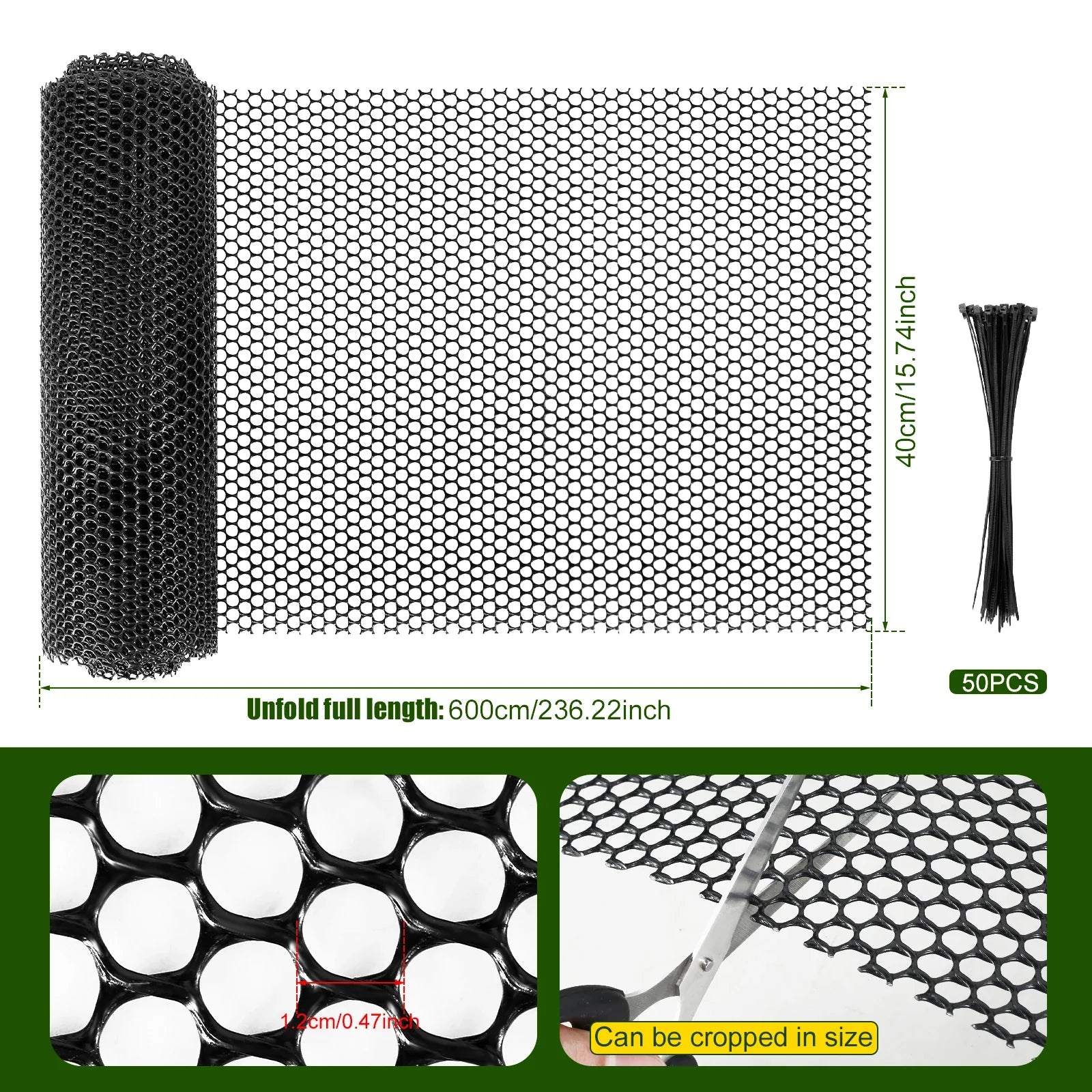 FlexGuard Mesh | Kunststoff-Zaunnetz für Garten & Baumstammschutz | 300 × 40 cm / 600 × 40 cm | Wetterfest & zuschneidbar