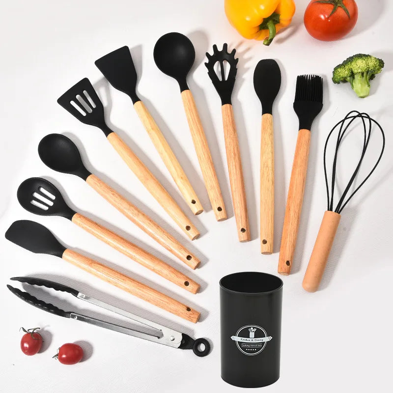 Culinora Silikon Küchenutensilien Set | Hitzebeständig bis 230 °C | 12-teilig mit Holzgriffen | Rührbesen, Pfannenwender, Zange & mehr