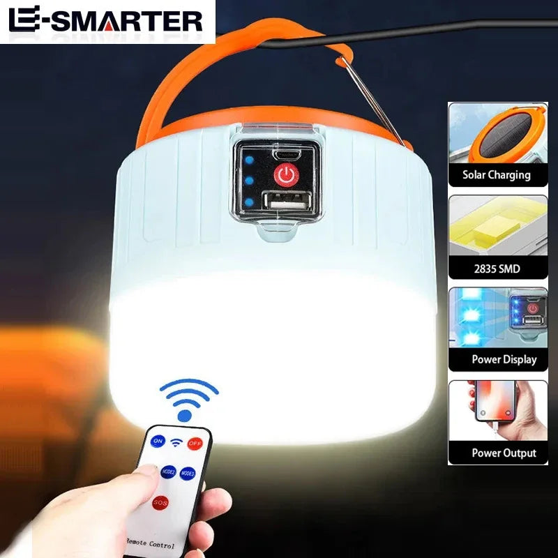 LUMOVIA Solar LED Campinglampe | Wiederaufladbar per USB & Solar | 3 Leuchtmodi | Mit Fernbedienung & Akkuanzeige | Für Outdoor & Notfälle