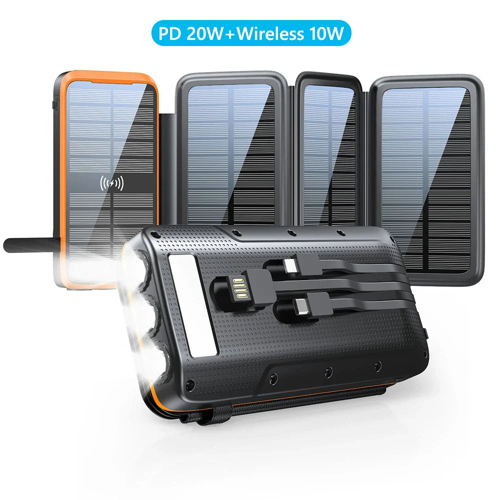 Solar Powerbank VoltCore X Pro 43800mAh | 20W Schnellladung | 10W Wireless Charging | Integrierte Kabel & LED-Lampe | Outdoor & Reisen