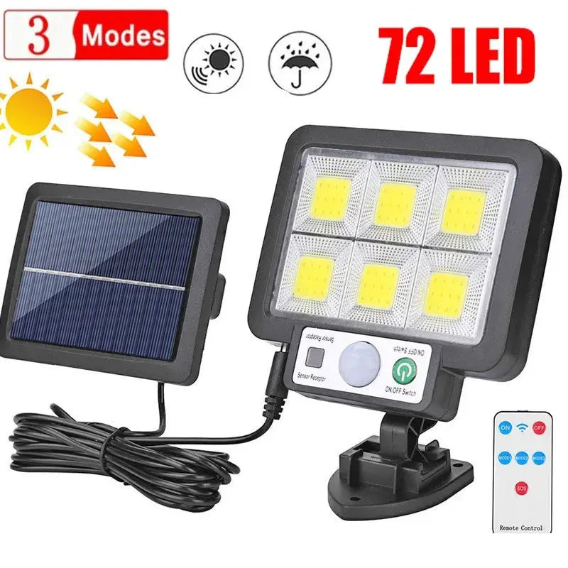 LumoVolt Solarlicht mit Bewegungsmelder | 72 COB LEDs | Fernbedienung & 5 m Solarpanel-Kabel | 3 Modi | IP65 Wetterfest