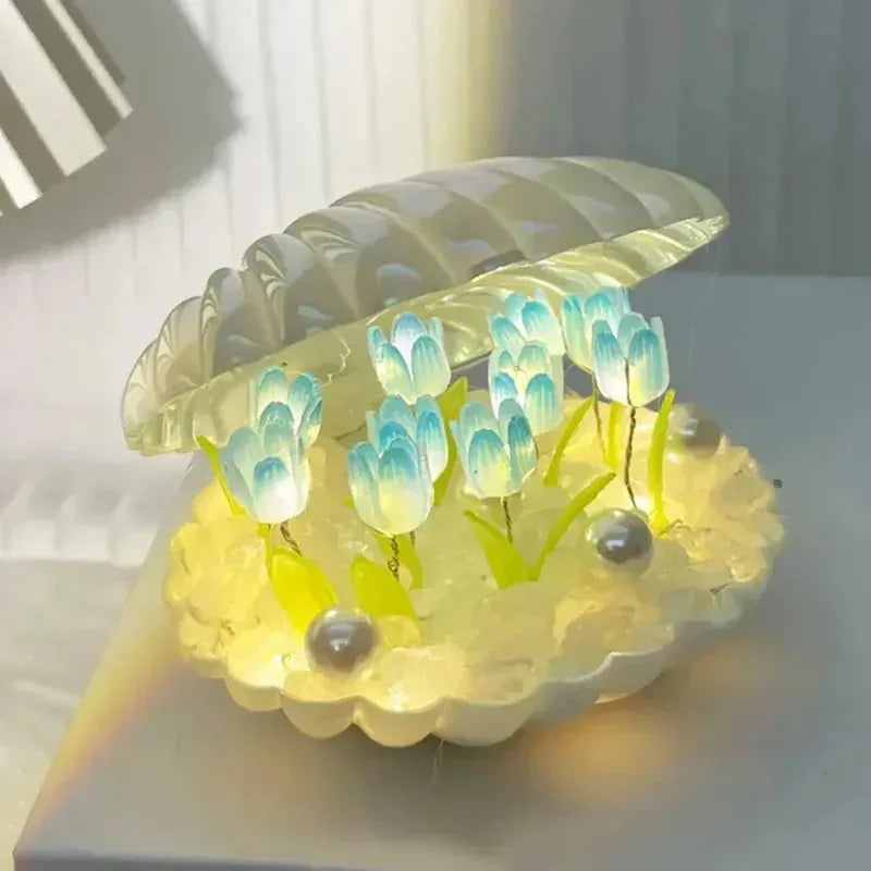 Muschel Nachtlicht Florora | DIY Tulpen-Dekoration | Warmes Ambientelicht | Rosa & Blau