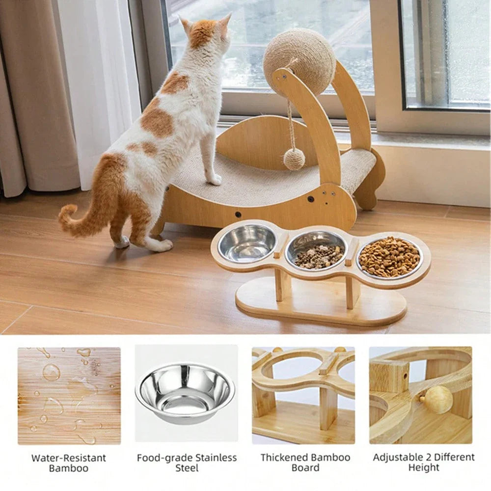 Katzennapf-Set Mizuto TrioLift | 3-in-1 Futterstation mit 15° Neigung | Edelstahl-Näpfe & Holzhalterung | Für Katzen & kleine Hunde
