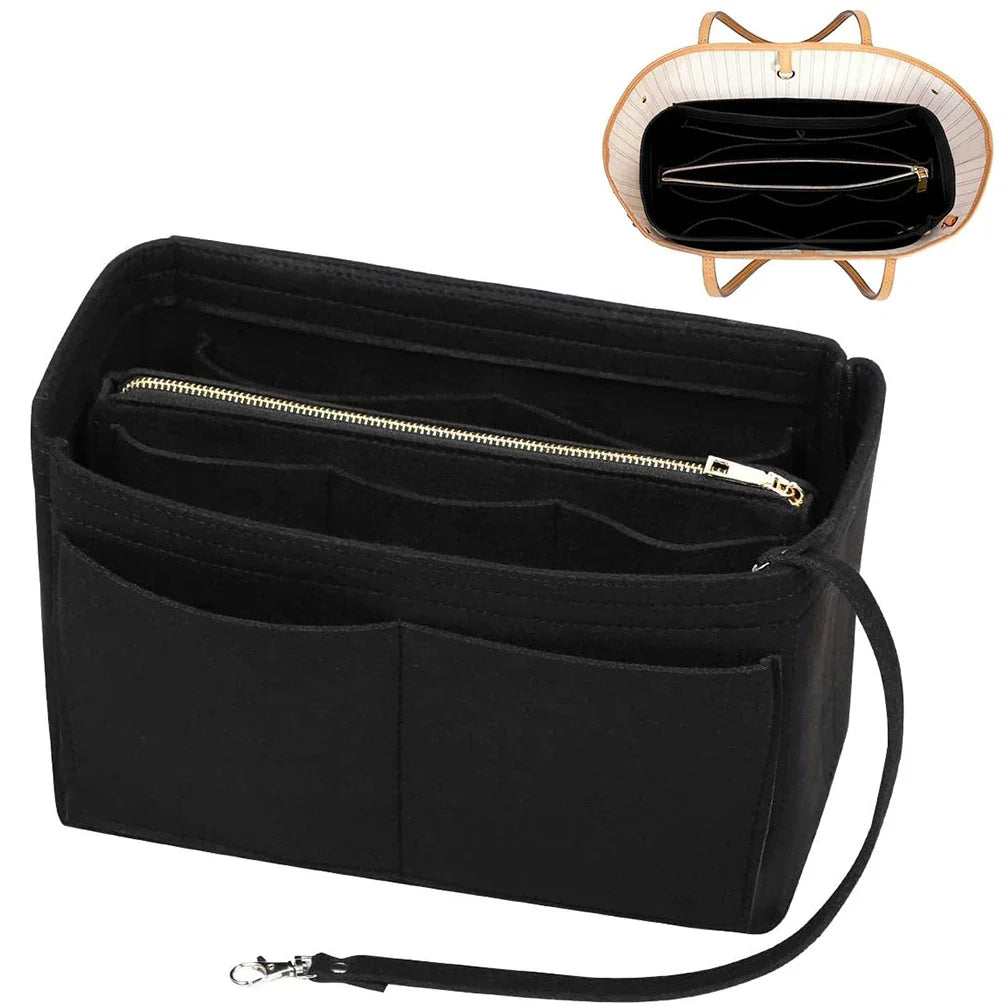 TaschenLuxe Organizer Inlay | Filz-Einsatz mit Reißverschluss | 15 Fächer & Schlüsselband | Für Handtaschen & Shopper