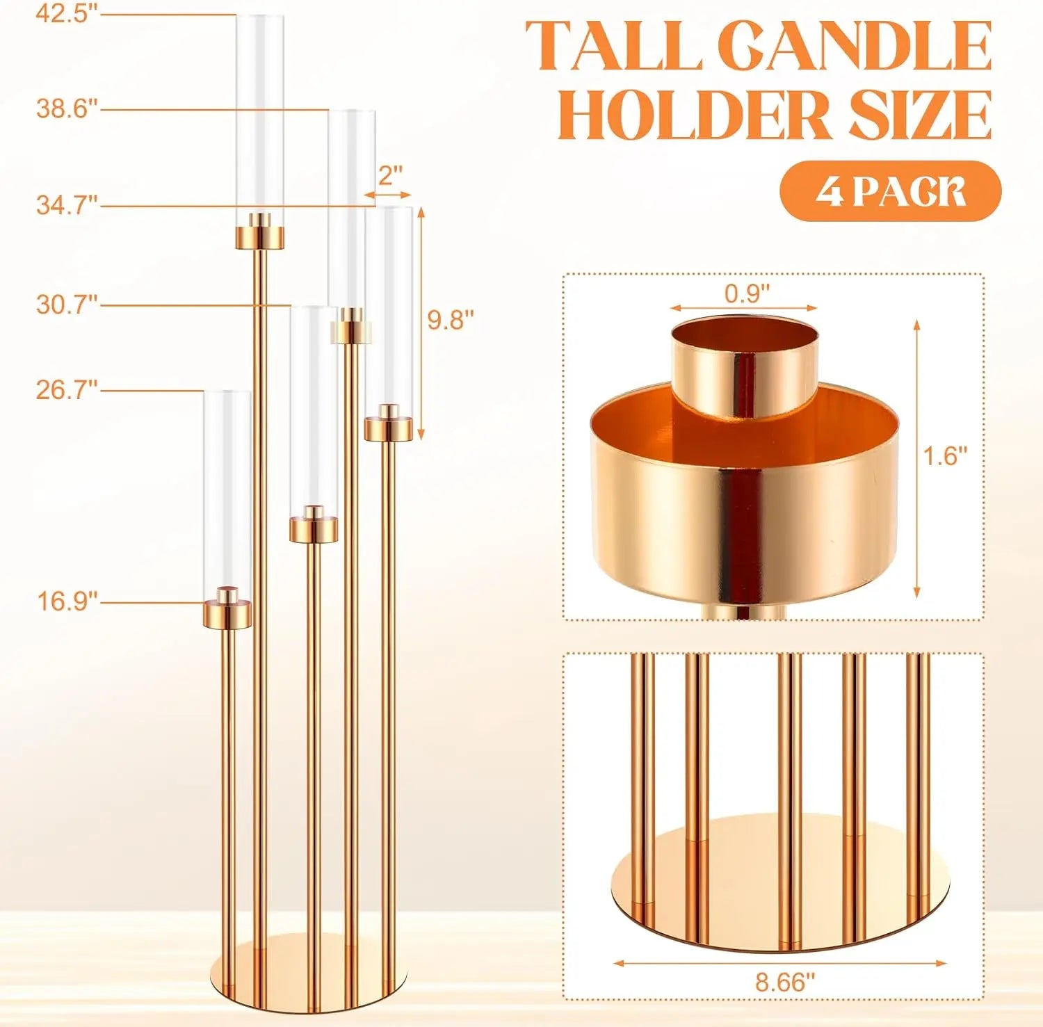 Auréalis Boden-Kerzenhalter Set (4 Stück) | 5-armig | Metall Gold | 108 cm