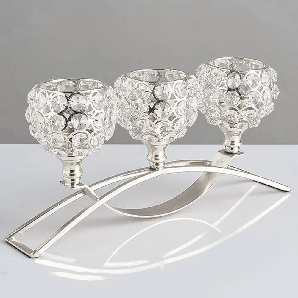 CristaLuce Kerzenhalter | 3 Kristallkelche | Modernes Bogen-Design | Metall & Glas | 33×9×15,5 cm
