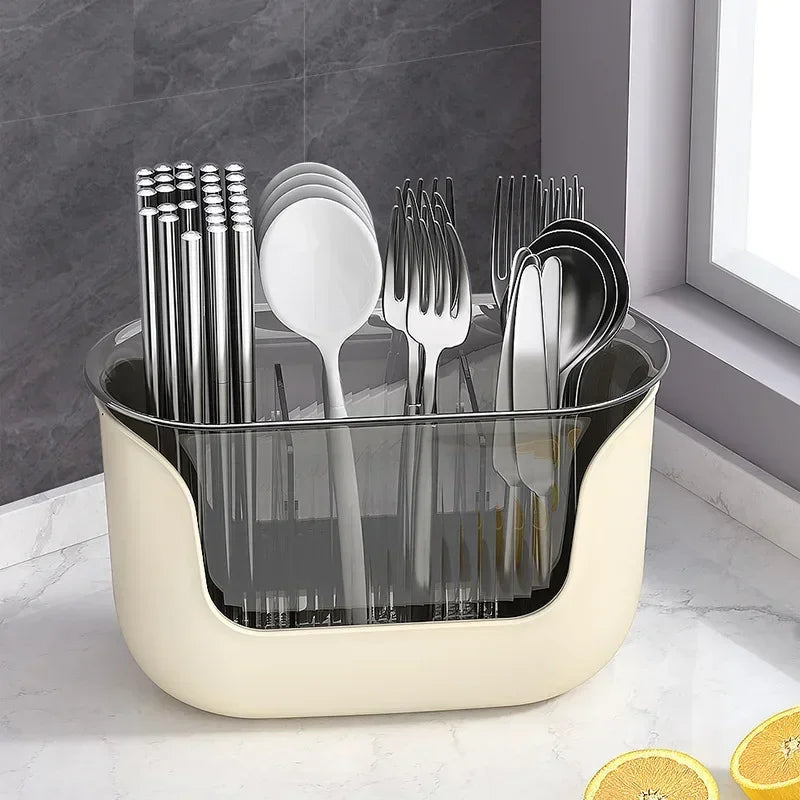 OrgaDish Besteckhalter mit Abtropfschale | 3 Fächer | Küchen-Organizer für Stäbchen & Besteck