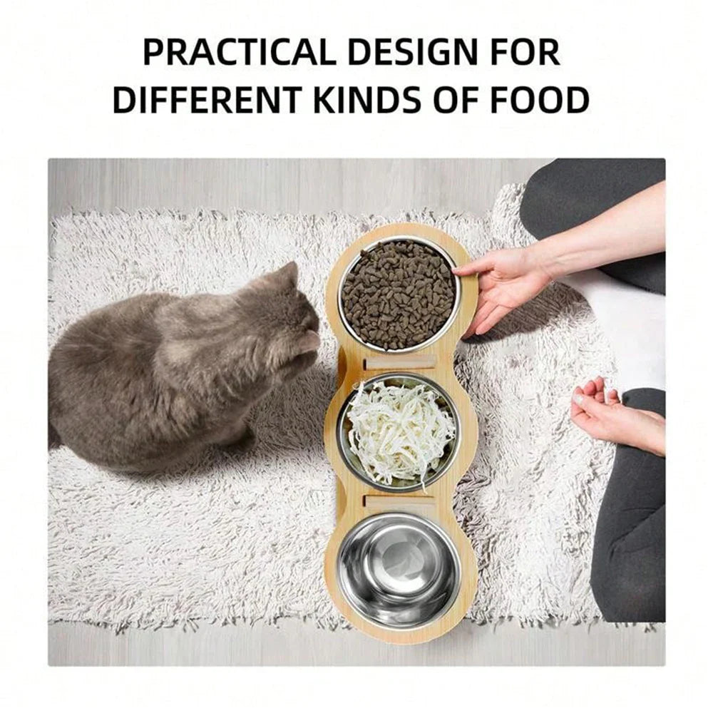 Katzennapf-Set Mizuto TrioLift | 3-in-1 Futterstation mit 15° Neigung | Edelstahl-Näpfe & Holzhalterung | Für Katzen & kleine Hunde