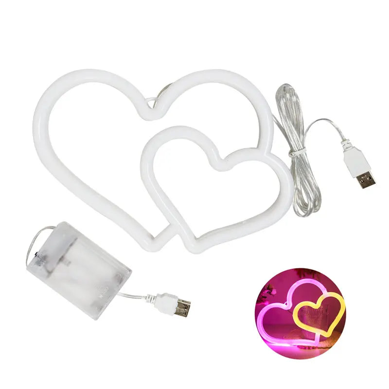 Amora Neon Tischlampe Herz | Doppeltes Love-Design | USB & Batteriebetrieb | Rosa LED Licht | Party & Deko