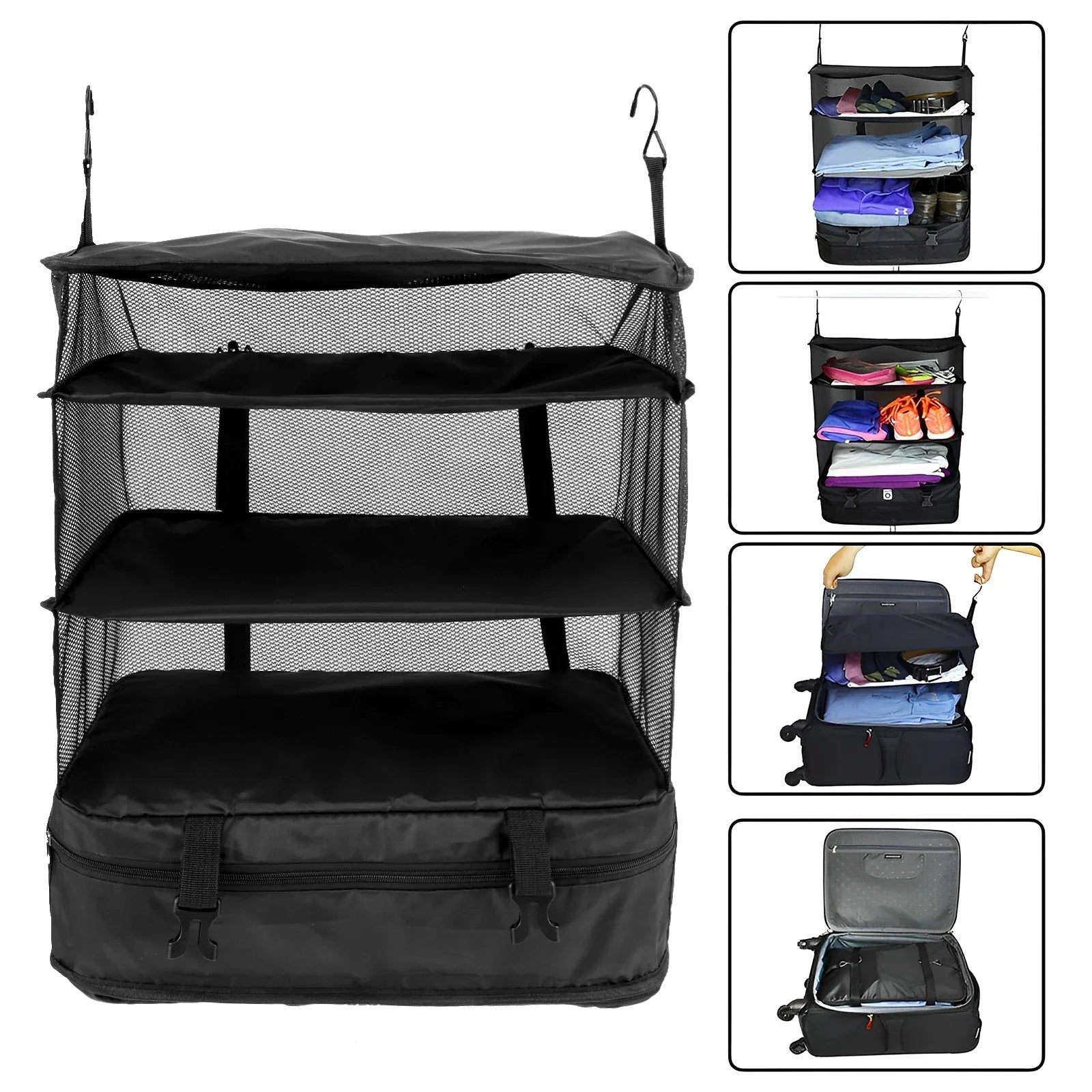 Packelier Koffer Organizer | Hängeregal für Reisen | 3 Fächer | Faltbar & Wasserabweisend | Schwarz