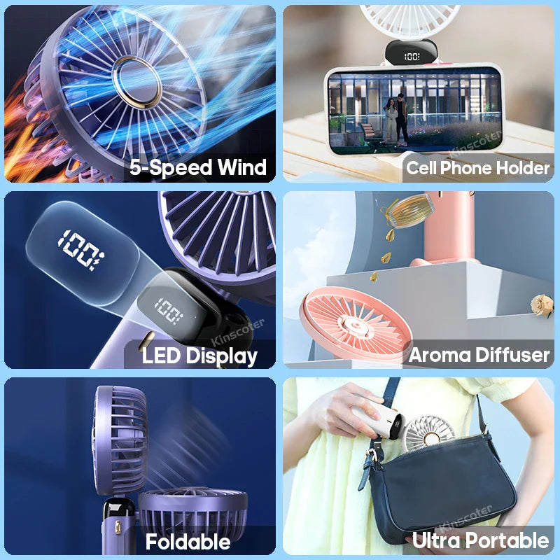 AERIONIQ 3-in-1 Mini-Ventilator | LED-Anzeige | 5 Stufen | Akku mit Powerbank-Funktion | Tragbar & aufstellbar
